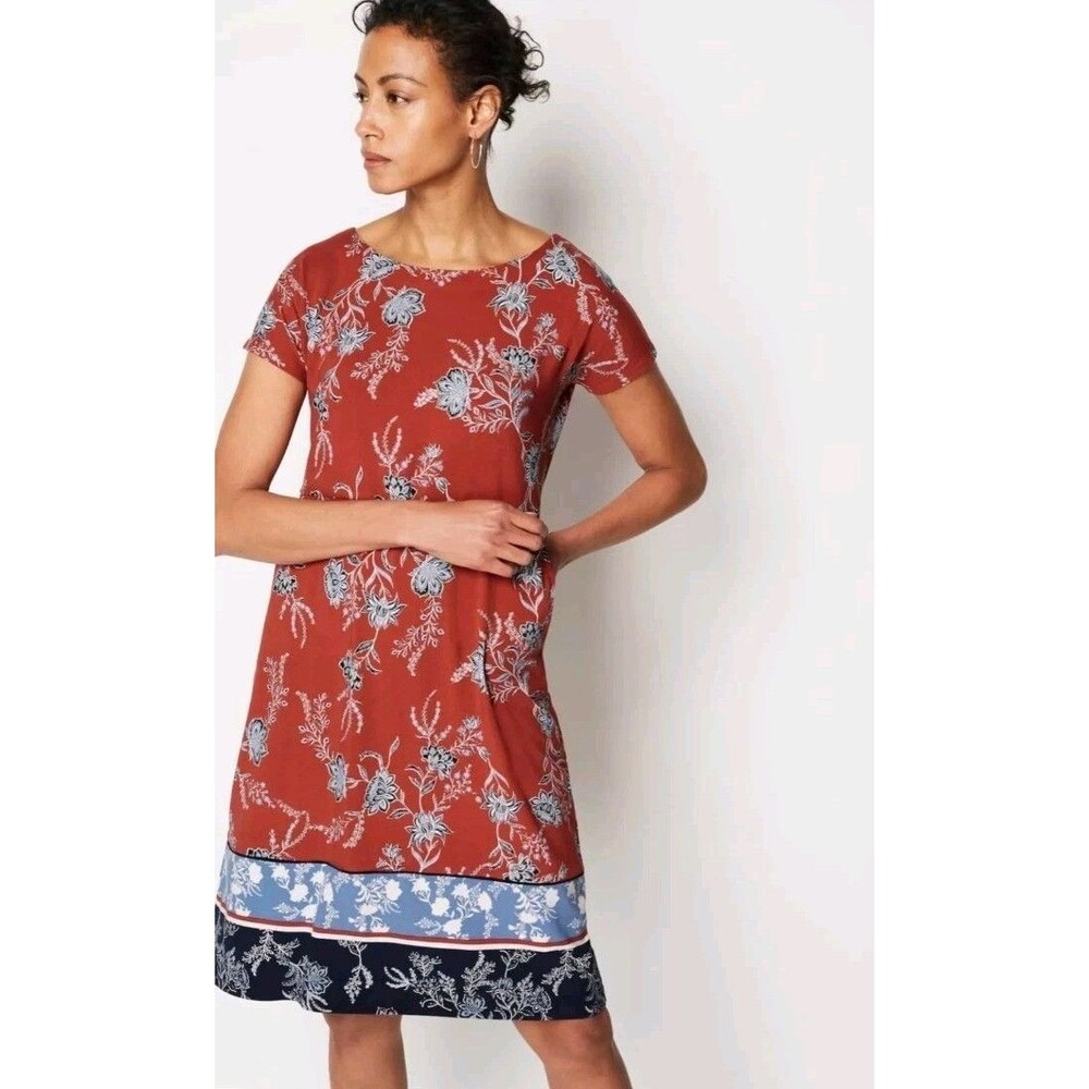 J Jill Wearever Short Sleeve T-Shirt Dress Floral Red Blue Pockets A-Line Large